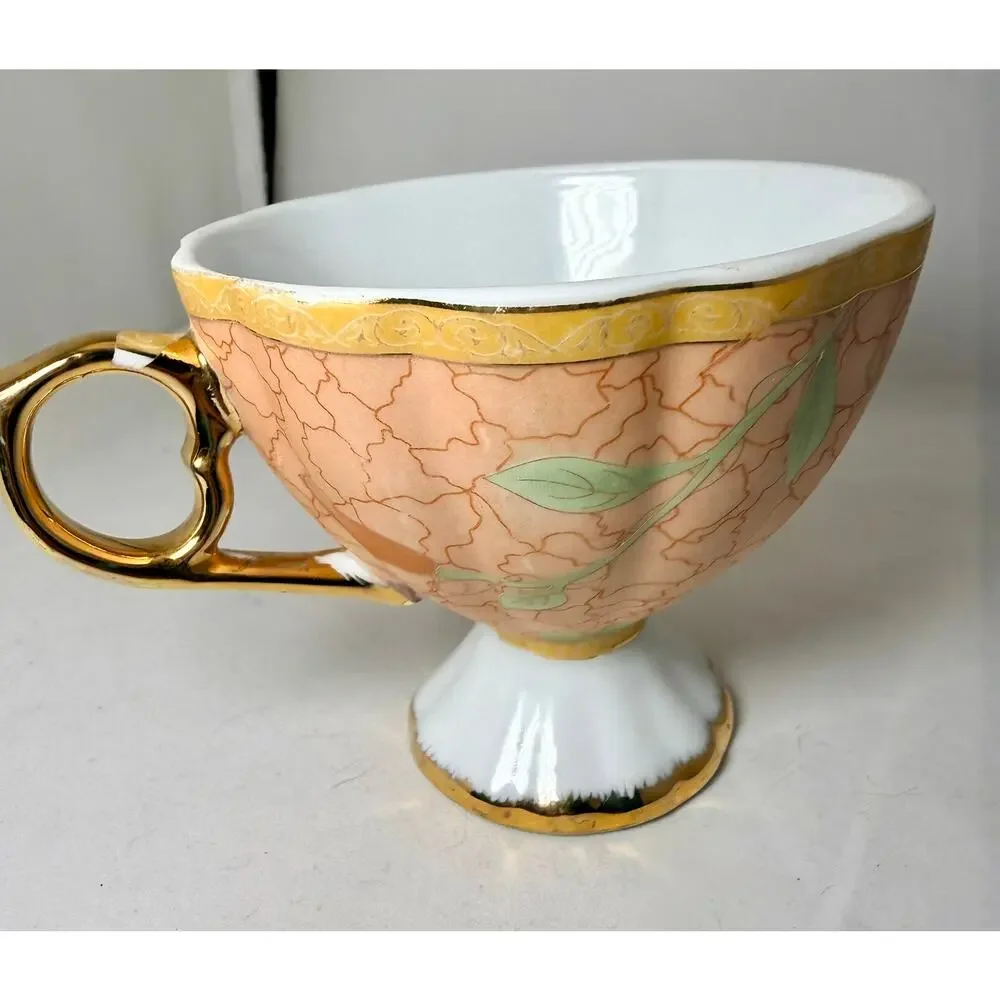 Vintage Yamasen Japan 24K Gold Plated Peach Floral Porcelain Tea Cup & Saucer